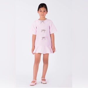 NWT Mama Luma Girls Pink Satin Twill Dress with Diamanté Bows